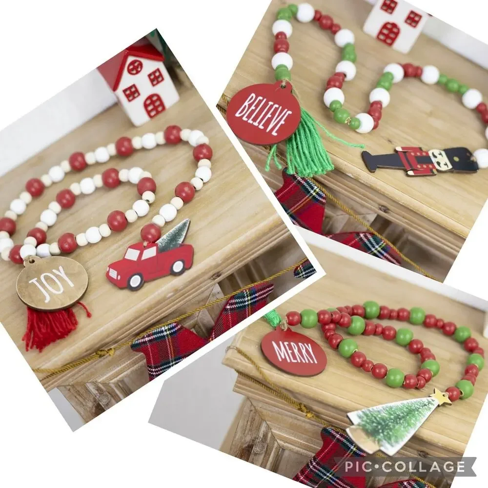 NEW Set 3 Christmas Garland Wood Beads Green Red White Tabletop Decor ea. 36